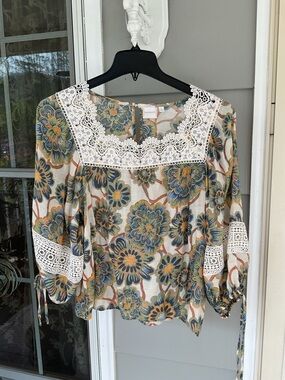 Zac & Rachel Top Womens LARGE peasant Floral Crochet Balloon Sleeve Boho EUC